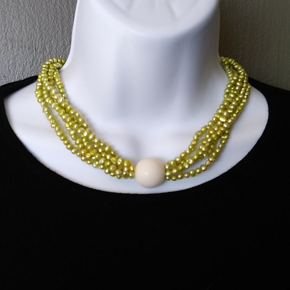 Necklace with Green Freshwater Pearls and Large White Bead